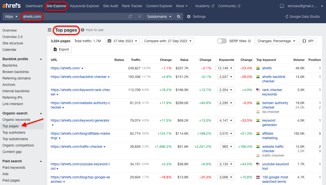 Ahrefs top pages