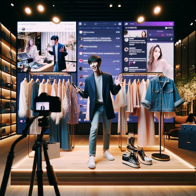 An image of a live stream shopping event. The scene shows a lively and modern setup with a host presenting various fashion products. 