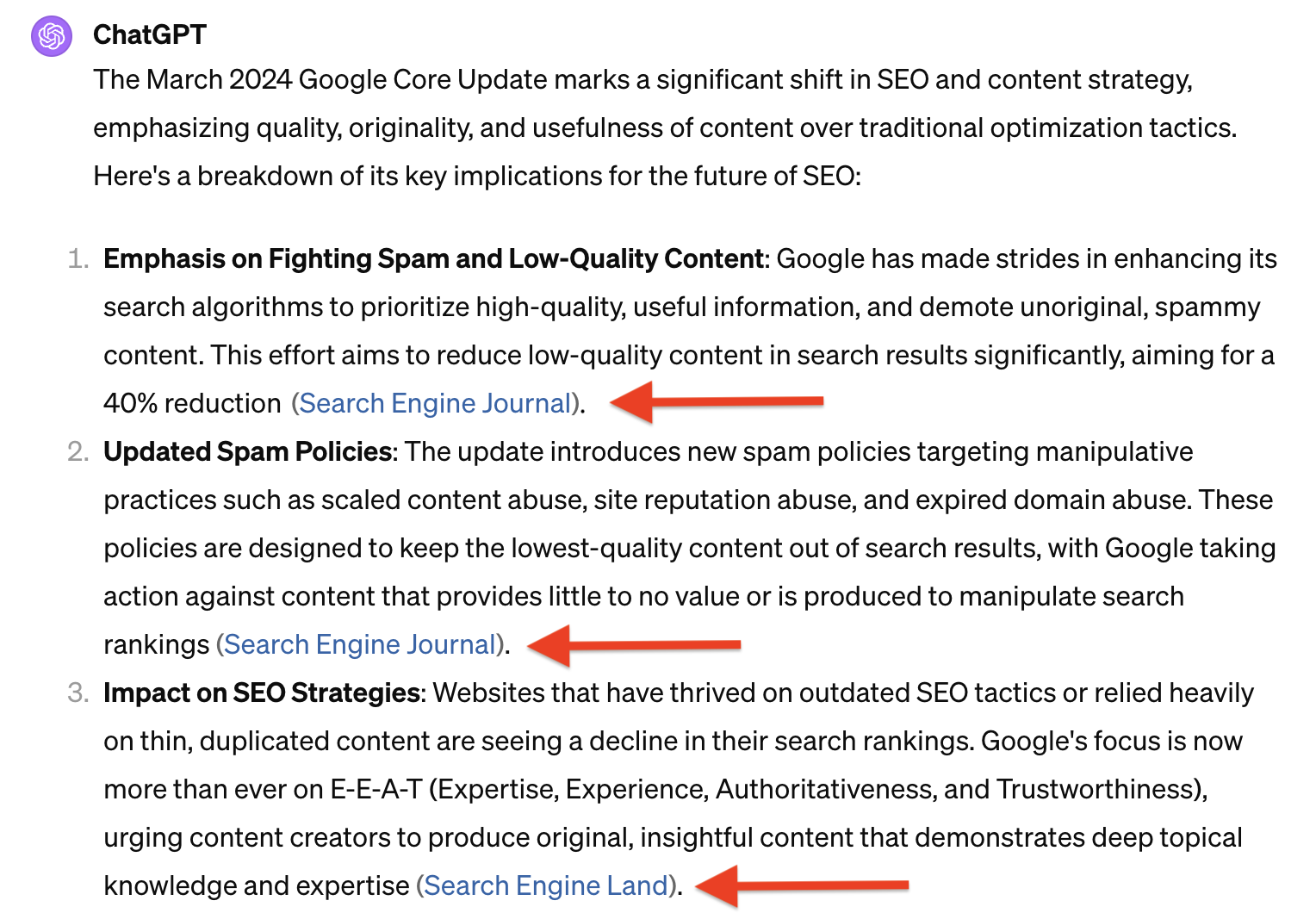 Screenshot showing ChatGPT's Prominent Links to clearly cite sources