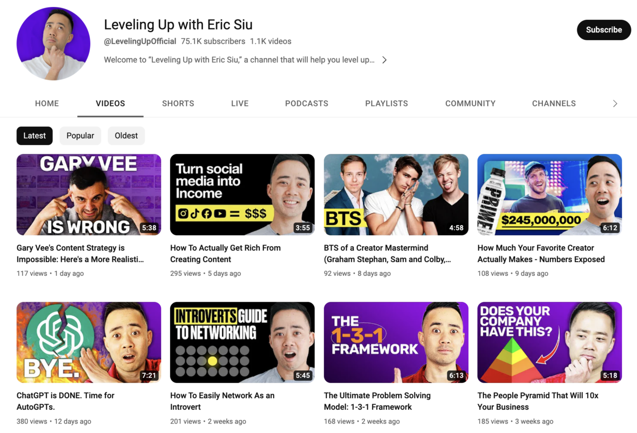 YouTube channel - Leveling Up with Eric Siu